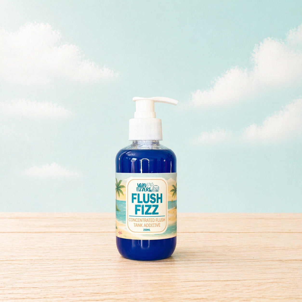 Bottle of 'Flush Fizz' on a wooden surface with a light blue background
