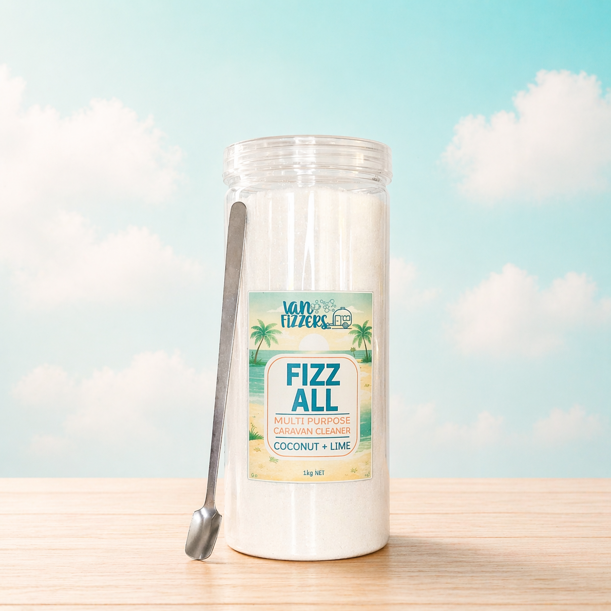 Jar of 'Fizz All' multi-purpose cleaner with a label on a wooden surface and sky background