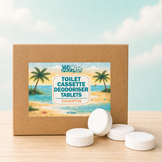 Box of toilet cassette deodoriser tablets with palm tree design on a beach background