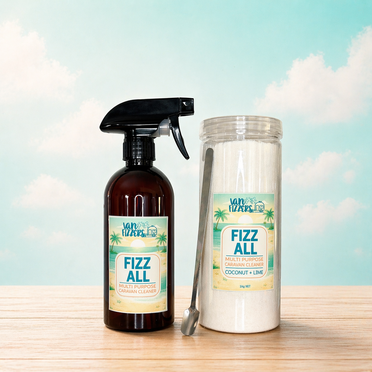 Fizz All cleaning products on a wooden surface with a light blue background
