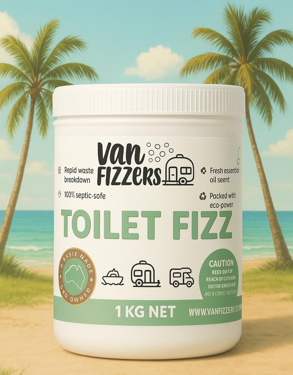 Van Fizzers Toilet Fizz container with a tropical beach background
